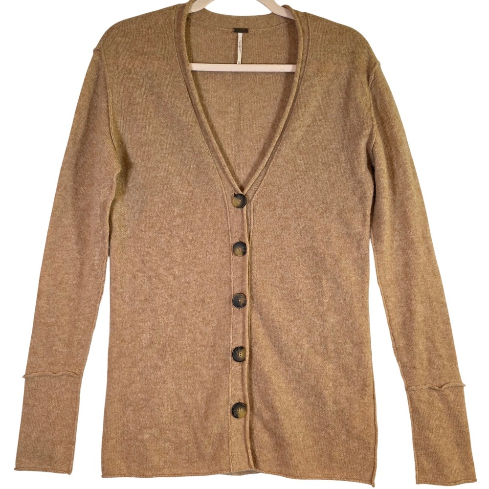 FREE PEOPLE Women's XS Camel 100% Cashmere‎ Longline Cardigan Preppy Academia
